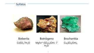 126
Bieberita
CoSO4·7H2O
Botriógeno
MgFe3+(SO4)2(OH) ·7
H2O
Brochantita
Cu4SO4(OH)6
Sulfatos
 