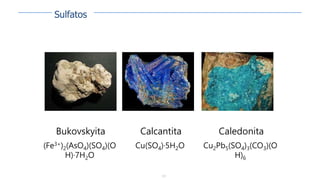 127
Bukovskyita
(Fe3+)2(AsO4)(SO4)(O
H)·7H2O
Calcantita
Cu(SO4)·5H2O
Caledonita
Cu2Pb5(SO4)3(CO3)(O
H)6
Sulfatos
 