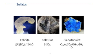 128
Calinita
KAl(SO4)2·12H2O
Celestina
SrSO4
Cianotriquita
Cu4Al2SO4(OH)12·2H2
O
Sulfatos
 
