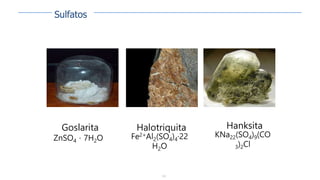 132
Goslarita
ZnSO4 · 7H2O
Hanksita
KNa22(SO4)9(CO
3)2Cl
Halotriquita
Fe2+Al2(SO4)4·22
H2O
Sulfatos
 