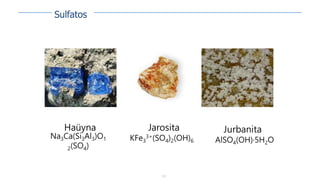 133
Haüyna
Na3Ca(Si3Al3)O1
2(SO4)
Jarosita
KFe3
3+(SO4)2(OH)6
Jurbanita
AlSO4(OH)·5H2O
Sulfatos
 