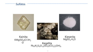 134
Kainita
KMg(SO4)Cl·3H2
O
Kieserita
MgSO4·H2O
Kegelita
Pb4Al2Si4O10(SO4)(CO3)2(OH)4
Sulfatos
 