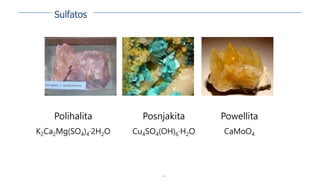 141
Polihalita
K2Ca2Mg(SO4)4·2H2O
Powellita
CaMoO4
Posnjakita
Cu4SO4(OH)6·H2O
Sulfatos
 