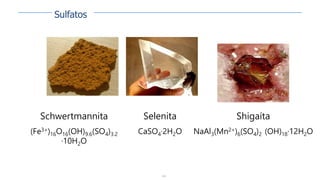 144
Schwertmannita
(Fe3+)16O16(OH)9.6(SO4)3.2
·10H2O
Selenita
CaSO4·2H2O
Shigaíta
NaAl3(Mn2+)6(SO4)2 (OH)18·12H2O
Sulfatos
 
