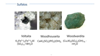 150
Voltaíta
K2(Fe2+)5(Fe3+)3Al
(SO4)12·18H2O
Woodhouseíta
CaAl3(SO4)(PO4)(OH)6
Woodwardita
(Cu,Al)9(SO4)2(OH)18 ·
nH2O
Sulfatos
 
