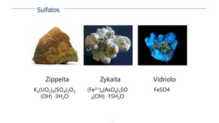 152
Zippeíta
K3(UO2)4(SO4)2O3
(OH) ·3H2O
Zykaíta
(Fe3+)4(AsO4)3SO
4(OH) ·15H2O
Vidriolo
FeSO4
Sulfatos
 