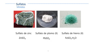 154
Sulfato de zinc
ZnSO4
Sulfato de plomo (II)
PbSO4
Sulfato de hierro (II)
FeSO4·H2O
Vitriolos
Sulfatos
 