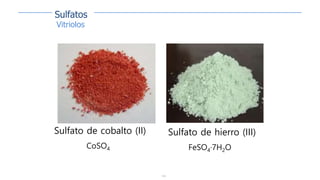 155
Sulfato de cobalto (II)
CoSO4
Sulfato de hierro (III)
FeSO4·7H2O
Vitriolos
Sulfatos
 