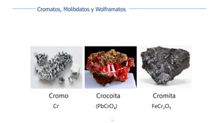 156
Cromatos, Molibdatos y Wolframatos
Cromo
Cr
Crocoita
(PbCrO4)
Cromita
FeCr2O5
 