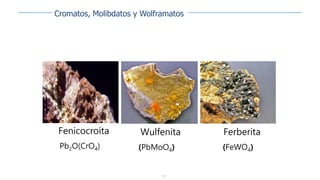157
Fenicocroíta
Pb2O(CrO4)
Wulfenita
(PbMoO4)
Ferberita
(FeWO4)
Cromatos, Molibdatos y Wolframatos
 