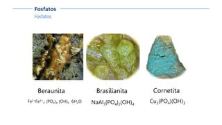 Fosfatos
Fosfatos
Beraunita
Fe2+Fe3+
3 (PO4)4 (OH)5 ·6H2O
Cornetita
Cu3(PO4)(OH)3
Brasilianita
NaAl3(PO4)2(OH)4
 