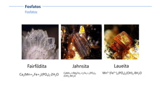 Fosfatos
Fosfatos
Fairfildita
Ca2(Mn+2,Fe+2)(PO4)2·2H2O
Laueíta
Mn2+(Fe3+)2(PO4)2(OH)2·8H2O
Jahnsita
CaMn2+(Mg,Fe2+)2Fe3+2(PO4)4
(OH)2·8H2O
 