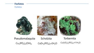 Fosfatos
Fosfatos
Pseudomalaquita
Cu5(PO4)2(OH)4
Torbernita
Cu(UO2)2(PO4)2•11H2O
Scholzita
CaZn2(PO4)2•2H2O
 