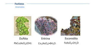Arseniatos
Fosfatos
Duftita
PbCu(AsO4)(OH)
Escorodita
FeAsO4•2H2O
Eritrina
Co3(AsO4)•8H2O
 