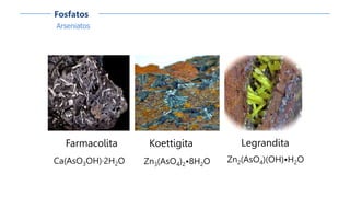 Arseniatos
Fosfatos
Farmacolita
Ca(AsO3OH)·2H2O
Legrandita
Zn2(AsO4)(OH)•H2O
Koettigita
Zn3(AsO4)2•8H2O
 