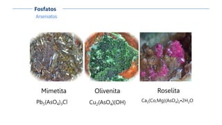 Arseniatos
Fosfatos
Mimetita
Pb5(AsO4)3Cl
Roselita
Ca2(Co,Mg)(AsO4)2•2H2O
Olivenita
Cu2(AsO4)(OH)
 