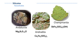 Nesosilicatos
Silicatos
Andalucita
Mg3B7O13Cl Andradita
Ca3Fe2(SiO4)3
Champmanita
SbFe2(SiO4)2(OH)
 