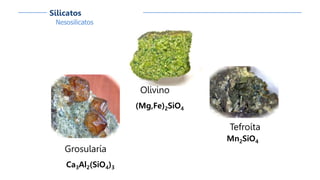Grosularía
Ca3Al2(SiO4)3
Tefroíta
Mn2SiO4
Olivino
(Mg,Fe)2SiO4
Nesosilicatos
Silicatos
 