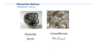18
Awaruita
(Ni3Fe)
Cromoferruro
(Fe1,5Cr0,20,3)
Elementos Nativos
Metálicos: Hierro
 