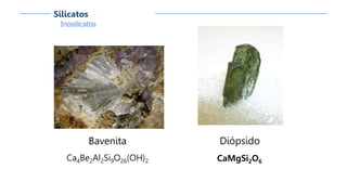 Bavenita
Ca4Be2Al2Si9O26(OH)2
Diópsido
CaMgSi2O6
Inosilicatos
Silicatos
 