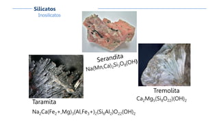 Tremolita
Ca2Mg5(Si8O22)(OH)2
Taramita
Na2Ca(Fe2+,Mg)3(Al,Fe3+)2(Si6Al2)O22(OH)2
Inosilicatos
Silicatos
 