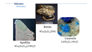Biotita
KCa6Si8O22(OH)
Cavansita
CaVSi4O11•4H2OApofilita
KCa4(Si4O10)2F•8H2O
Filosilicatos
Silicatos
 