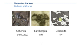 19
Carburos y Nitruros
Cohenita
(Fe,Ni,Co)3C
Carlsbergita
CrN
Osbornita
TiN
Elementos Nativos
 