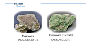 Moscovita (Fuchsita)
KAl2(Si3Al)O10(OH,F)2
Moscovita
KAl2(Si3Al)O10(OH,F)2
Filosilicatos
Silicatos
 