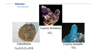 Cuarzo Amatista
SiO2
Cuarzo Azulado
SiO2
Calcedonia
Ca2Al2Si3O10(OH)
Tectosilicatos
Silicatos
 
