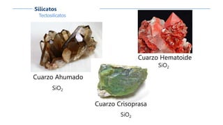 Tectosilicatos
Silicatos
Cuarzo Ahumado
SiO2
Cuarzo Crisoprasa
SiO2
Cuarzo Hematoide
SiO2
 