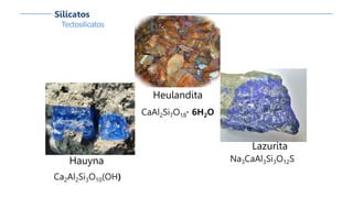 Heulandita
CaAl2Si7O18· 6H2O
Lazurita
Na3CaAl3Si3O12SHauyna
Ca2Al2Si3O10(OH)
Tectosilicatos
Silicatos
 