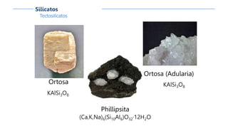 Tectosilicatos
Silicatos
Ortosa
KAlSi3O8
Ortosa (Adularia)
KAlSi3O8
Phillipsita
(Ca,K,Na)6(Si10Al6)O32·12H2O
 