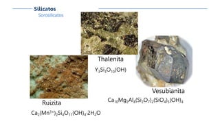 Thalenita
Y3Si3O10(OH)
Vesubianita
Ca10Mg2Al4(Si2O7)2(SiO4)5(OH)4Ruizita
Ca2(Mn3+)2Si4O11(OH)4·2H2O
Sorosilicatos
Silicatos
 