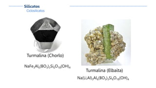 Ciclosilicatos
Silicatos
Turmalina (Chorlo)
NaFe3Al6(BO3)3Si6O18(OH)4
Turmalina (Elbaíta)
Na(Li,Al)3Al6(BO3)3Si6O18(OH)4
 