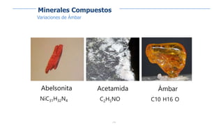 218
Minerales Compuestos
Abelsonita
NiC31H32N4
Acetamida
C2H5NO
Ámbar
C10 H16 O
Variaciones de Ámbar
 