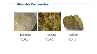 220
Evenkita
C24H48
Hoelita
C14H8O2
Idrialita
C22H14)
Minerales Compuestos
 
