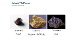 Sulfuros Metálicos
Sulfuros Y Sulfosales
Cobaltina
CoAsS
Covellina
CuS
Colusita
Cu26V2(As,Sn,Sb)6S32
 