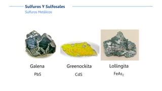 Sulfuros Metálicos
Sulfuros Y Sulfosales
Galena
PbS
Lollingita
FeAs2
Greenockita
CdS
 