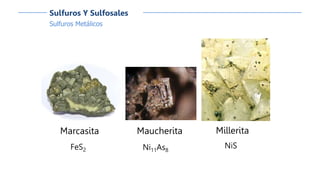 Sulfuros Metálicos
Sulfuros Y Sulfosales
Marcasita
FeS2
Millerita
NiS
Maucherita
Ni11As8
 
