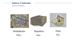 Sulfuros Metálicos
Sulfuros Y Sulfosales
Molibdenita
MoS2
Pirita
FeS2
Niquelina
NiAs
 