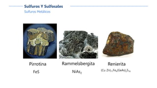 Sulfuros Metálicos
Sulfuros Y Sulfosales
Pirrotina
FeS
Renierita
(Cu Zn)11Fe4(GeAs)2S16
Rammelsbergita
NiAs2
 