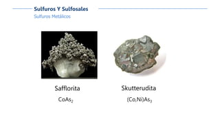 Sulfuros Metálicos
Sulfuros Y Sulfosales
Safflorita
CoAs2
Skutterudita
(Co,Ni)As3
 