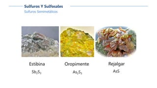 Sulfuros Semimetálicos
Sulfuros Y Sulfosales
Estibina
Sb2S3
Rejalgar
AsS
Oropimente
As2S3
 