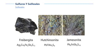 Sulfosales
Sulfuros Y Sulfosales
Freibergita
Ag6Cu4Fe2Sb4S13
Jamesonita
Pb4FeSb6S14
Hutchinsonita
PbTlAs5S9
 
