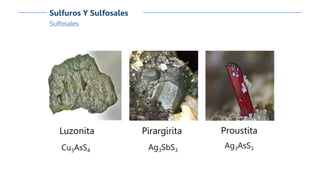 Sulfosales
Sulfuros Y Sulfosales
Luzonita
Cu3AsS4
Proustita
Ag3AsS3
Pirargirita
Ag3SbS3
 
