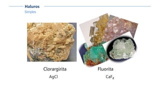 Simples
Haluros
Clorargirita
AgCl
Fluorita
CaF2
 
