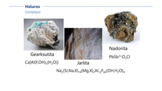 Complejos
Haluros
Gearksutita
Ca[Al(F,OH)5(H2O)] Jarlita
Na2(Sr,Na,X)14(Mg,X)2Al12F64(OH,H2O)4
Nadorita
PbSb3+O2Cl
 