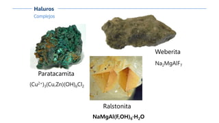 Complejos
Haluros
Paratacamita
(Cu2+)3(Cu,Zn)(OH)6Cl2
Ralstonita
NaMgAl(F,OH)6·H2O
Weberita
Na2MgAlF7
 