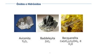 56
Avicenita
Tl2O3
Baddeleyita
ZrO2
Becquerelita
Ca(UO2)6O4(OH)6 ·8
H2O
Óxidos e Hidróxidos
 