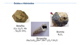 57
Betafita
(Ca, U)2(Ti, Nb
, Ta)2(O, OH)7
Birnessita
(Na,Ca,K)0.6(Mn4+,Mn3+)2O4·1.5H2O
Bismita
Bi2O3
Óxidos e Hidróxidos
 